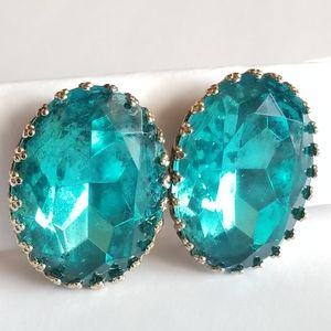 Vintage huge Coro clip earrings big aqua blue glass gems facted oval glam jewel